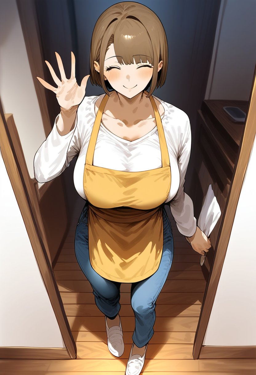 score_9, score_8_up, score_7_up, score_6_up, source_anime, <lora:STS 0.1v:1>, sexy, attractive, hot, uncensored, 1girl, breasts, brown hair, apron, solo, shirt, short hair, closed eyes, smile, pants, white shirt, yellow apron, denim, long sleeves, jeans, standing, shoes, bangs, huge breasts, waving, wooden floor, full body, closed mouth, doorway, collarbone, blush, hand up, facing viewer, large breasts