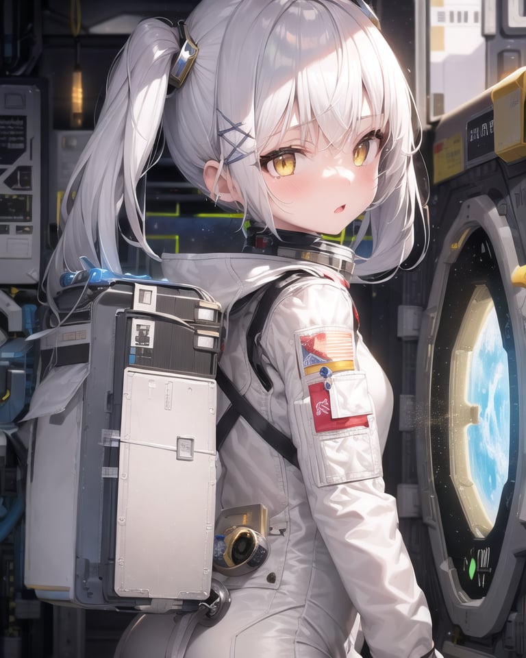 masterpiece, best quality, 1girl, (space), spacecraft, (spacesuit), upper body, from side, science fiction, yellow eyes, twintails, silver hair, 