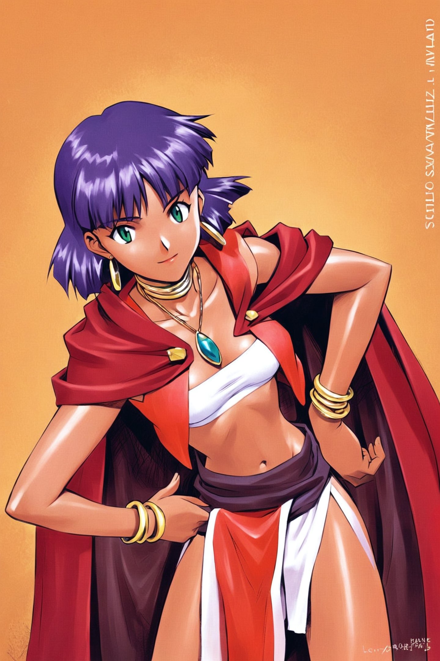 1girl,nadia la arwall,jewelry,solo,crown,loincloth,pelvic curtain,bandeau,purple hair,earrings,strapless,tube top,green eyes,vest,bracelet,short hair,cape,hand on own hip,neck ring,dark skin,dark-skinned female,midriff,necklace,light smile,<lora:Sadamoto Yoshiyuki_XL_kohaku:0.8>,