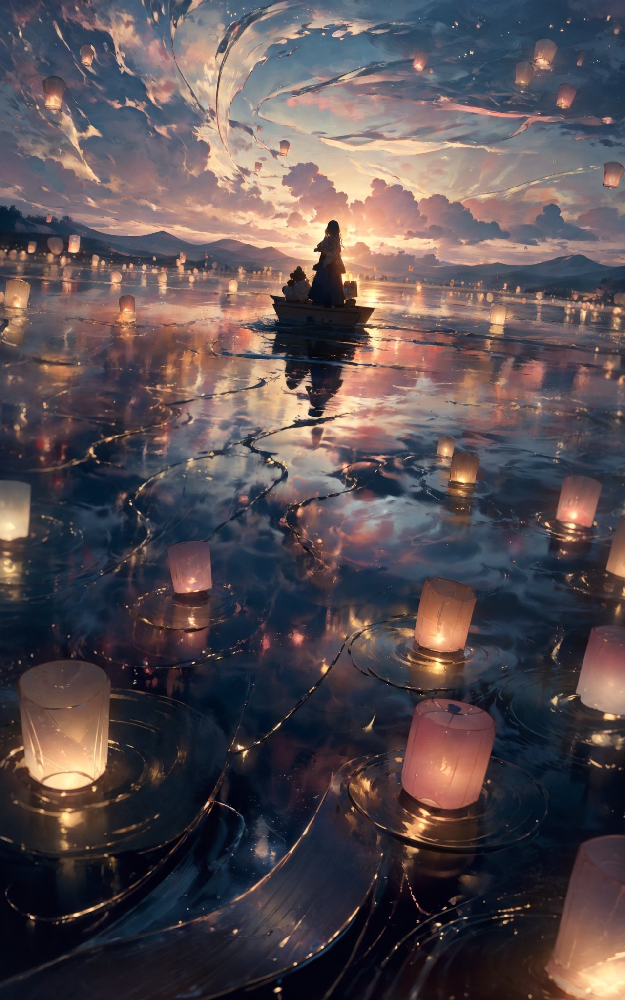 sky lantern，masterpiece, best quality, 32k uhd, insane details, intricate details, hyperdetailed, hyper quality, high detail, ultra detailed, Masterpiece, (Real water，Realistic water，flowing water:1.1)，ripples，  pink sky,A whimsical sight of paper lanterns floating against the twilight sky, captured in a wide view by Tim Walker.    The lanterns cast a warm glow, creating a dreamlike tableau that melds tradition with beauty, i can't believe how beautiful this is, dream-like atmosphere，<lora:绪儿-孔明灯 sky lantern:0.8>