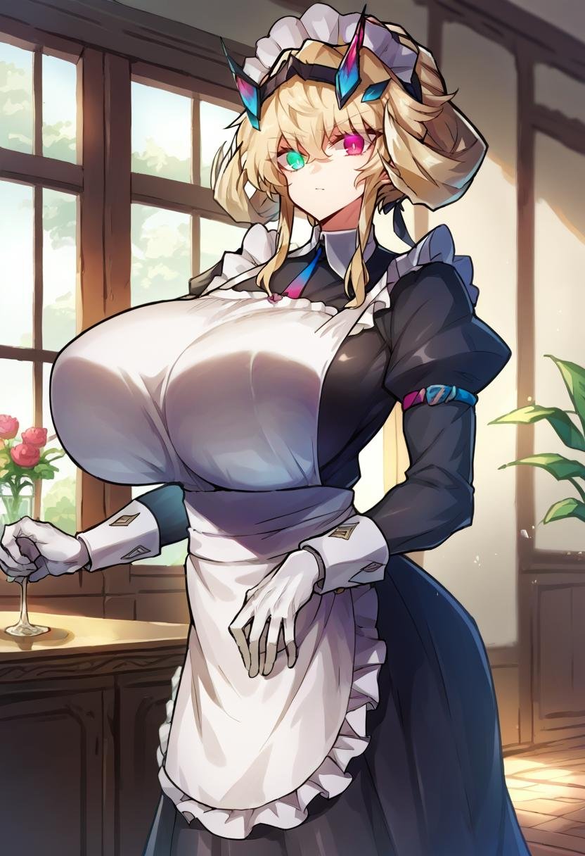 score_9, score_8_up, score_7_up, source_anime BREAK 1girl, solo, looking at viewer, cowboy shot,  <lora:Barghest_Sdxl-11:0.9>, Barghest_Maid, platinum blonde hair, twin braids, short hair, sidelocks, hair up, hair bun, heterochromia, glowing eyes, maid headdress, frilled dress, pleated dress, juliet sleeves, maid apron, collar, black skirt, long skirt, white gloves, huge breasts, curvy, indoors, vila, marble floor, glass table, day, window,  <lora:Melon22-Style-PonyXL-000054:1>