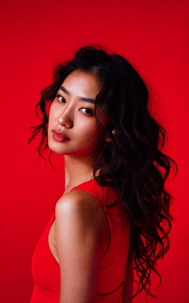 raw photo, photograph, intricate, photo of beautiful korean woman, wavy hair, skin texture, pores, in red background, cinematic LUT