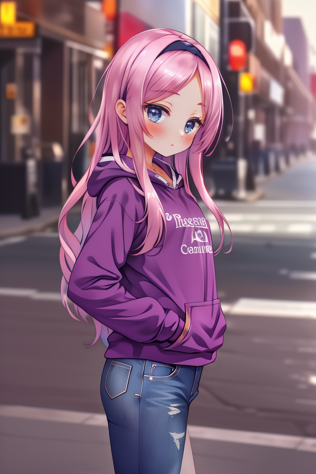 best quality, masterpiece, highres,  a pinup of a girl, outdoors, hands in pocket, from side,1girl, szn, short petite, long hair, parted bangs, forehead, flat chest, purple hoodie, denim pants, striped hairband, <lora:suzune_v1.3:0.8>,   