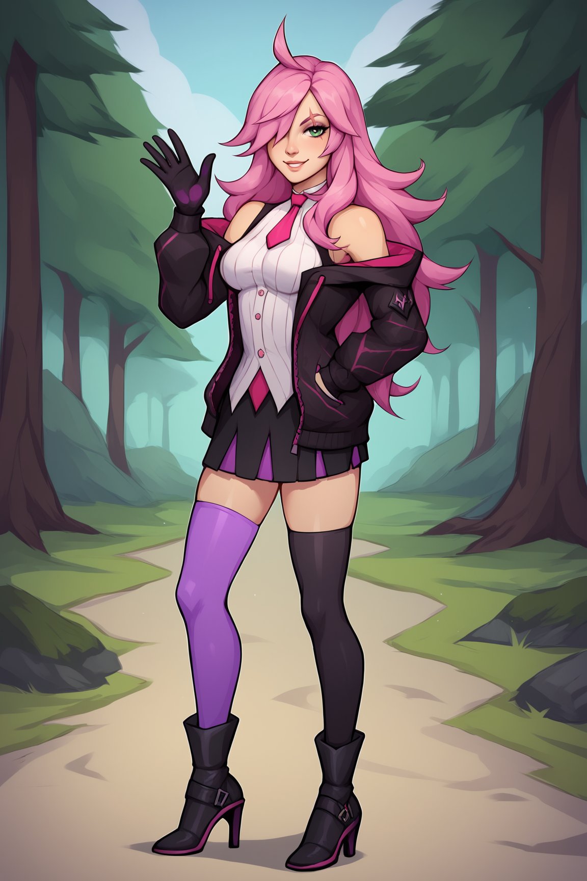 score_9, score_8_up, score_7_up, score_6_up, score_5_up, score_4_up, BREAK, KatarinaBAXL, scar across eye, green eyes, pink hair, long hair, hair over one eye, ahoge, medium breasts, bare shoulders, open jacket, black jacket, pink necktie, white shirt, black gloves, black skirt, purple thighhighs, black thighhigh, multicolored thighhighs, black boots, high heels, solo, full body, standing, waving, seductive smile, looking at viewer, forest, tree <lora:KatarinaBAXL:0.9>