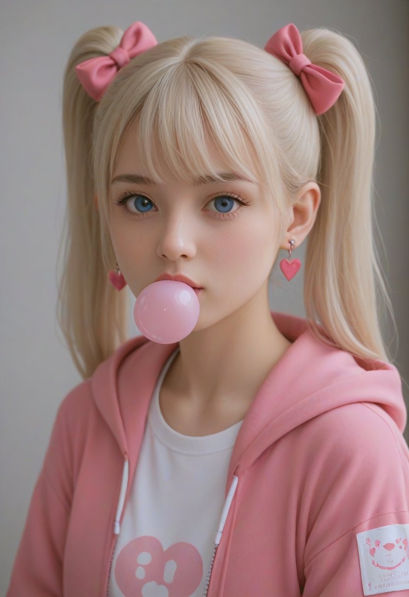 score_9, score_8_up, score_7_up, score_6_up, BREAK , source_real, raw, photo, realistic,  BREAK, 1girl, solo, long hair, looking at viewer, bangs, blue eyes, blonde hair, bow, twintails, jewelry, jacket, upper body, white hair, hair bow, heart, earrings, hood, hair bun, english text, double bun, hoodie, piercing, hood down, pink bow, ear piercing, pink jacket, pink theme, bubble blowing, chewing gum, smiley face, sticker