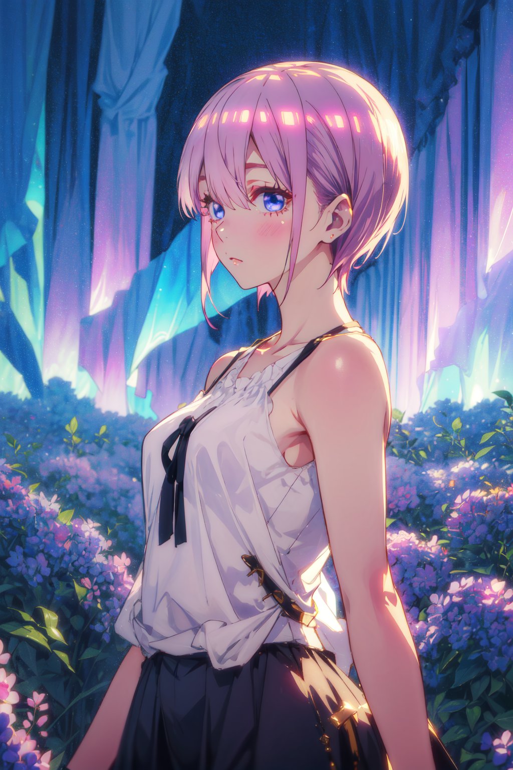 1girl,looking at viewer,solo,short hair,bangs,hair between eyes,pink hair,blue eyes,<lora:Ichika (3):0.8>,Ichika_CYQL,(sad,on side,upper_body,front view:1.1),Pleated skirt, camisole, ankle strap heels, mini bag, pendant necklace,beautiful face,beautiful eyes,glossy skin,shiny skin,Aurora, Snow, Sky, Stars, Mountains, Reflection, Serenity, Colors,Lavender rows, Provencal farmhouse, Rolling hills, Lavender harvest, French countryside, Purple carpet,beautiful detailed sky,beautiful detailed glow,masterpiece,best quality,beautiful and aesthetic,contrapposto,female focus,fine fabric emphasis,wallpaper,fashion,<lora:增强减少细节add_detail:0.4>,