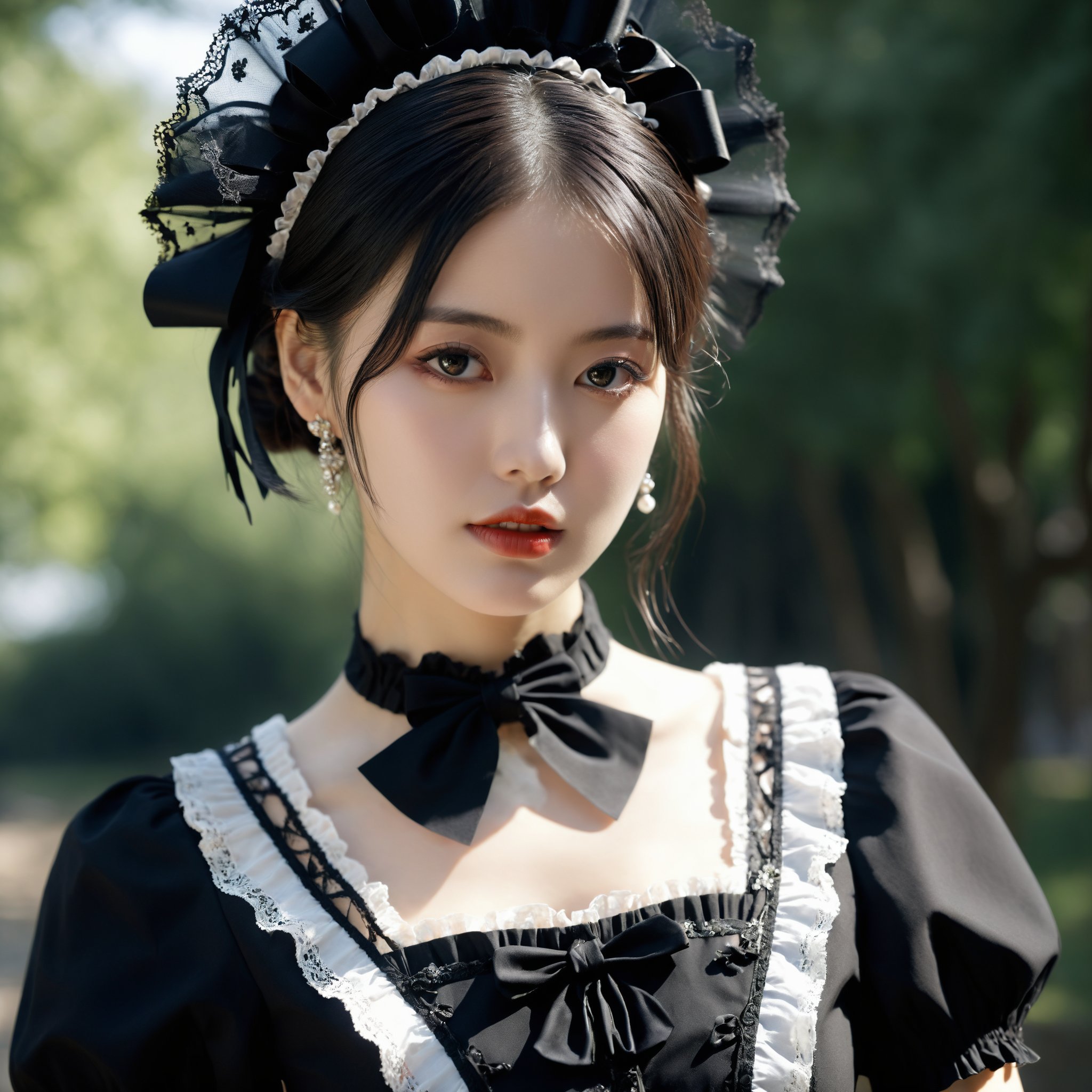 gothic_lolita, (RAW photo, best quality),(realistic, photo-realistic:1.3), clean, masterpiece,finely detail,masterpiece,ultra-detailed,highres,intricate,(best illustration),best quality,official art,extremely detailed CG unity 8k wallpaper,sharp focus, looking at viewer, ultra detailed Ray tracing,Cinematography, outdoors,beautiful detailed skin,upper body,