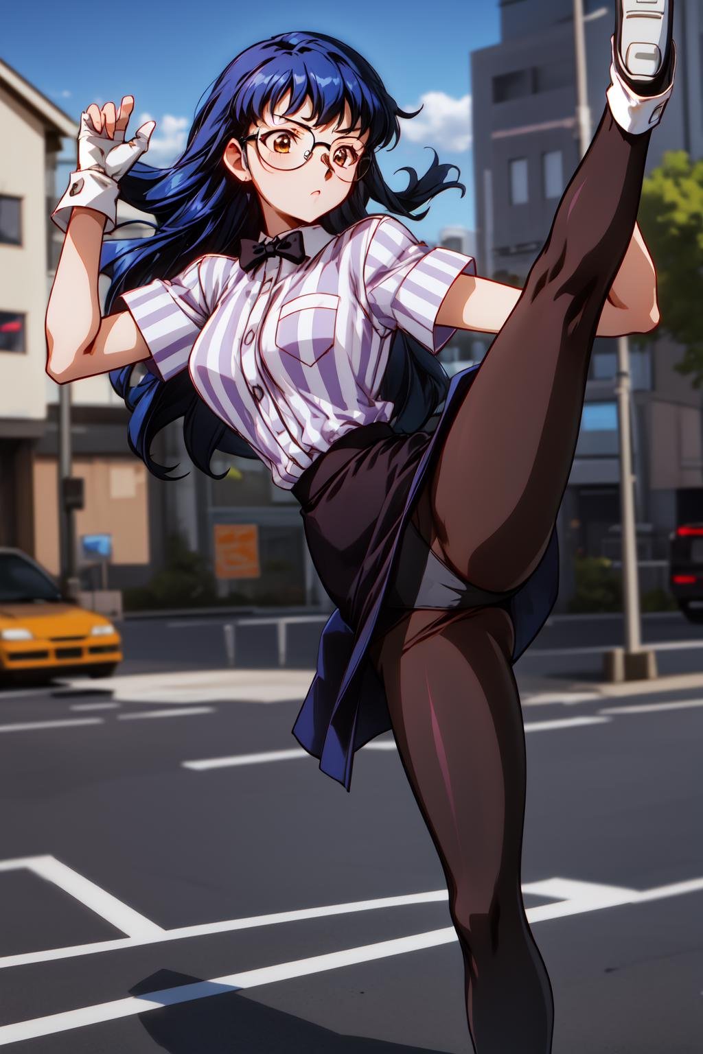 1girl, street, outdoors, (serious:1.2), (kicking:1.4), black panties, vg_kaori, brown eyes, blue hair, long hair, bangs, glasses, black bowtie, white gloves, striped shirt, short sleeves, collared shirt, pencil skirt, (black skirt:1.2), brown pantyhose, <lora:VG_kaori_lora_ver1:0.7>, best quality, masterpiece, highres, <lora:GoodHands-vanilla:1>