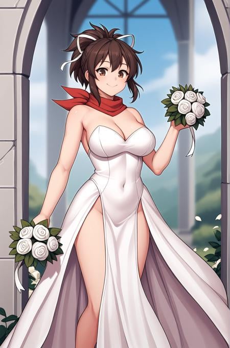 anime artwork score_9, score_8_up, score_7_up, score_6_up, score_5_up, score_4_up, source_anime, BREAK, thick outline, fat outline,Asuka_XL, brown eyes, brown hair, ponytail, white ribbon, red scarf, large breasts, BREAK, wedding dress, BREAK, church, flowers, flying petals, smile, holding a bouquet,<lora:Asuka_XL:0.7><lora:PersonalAmi_PonyXL:1.0>