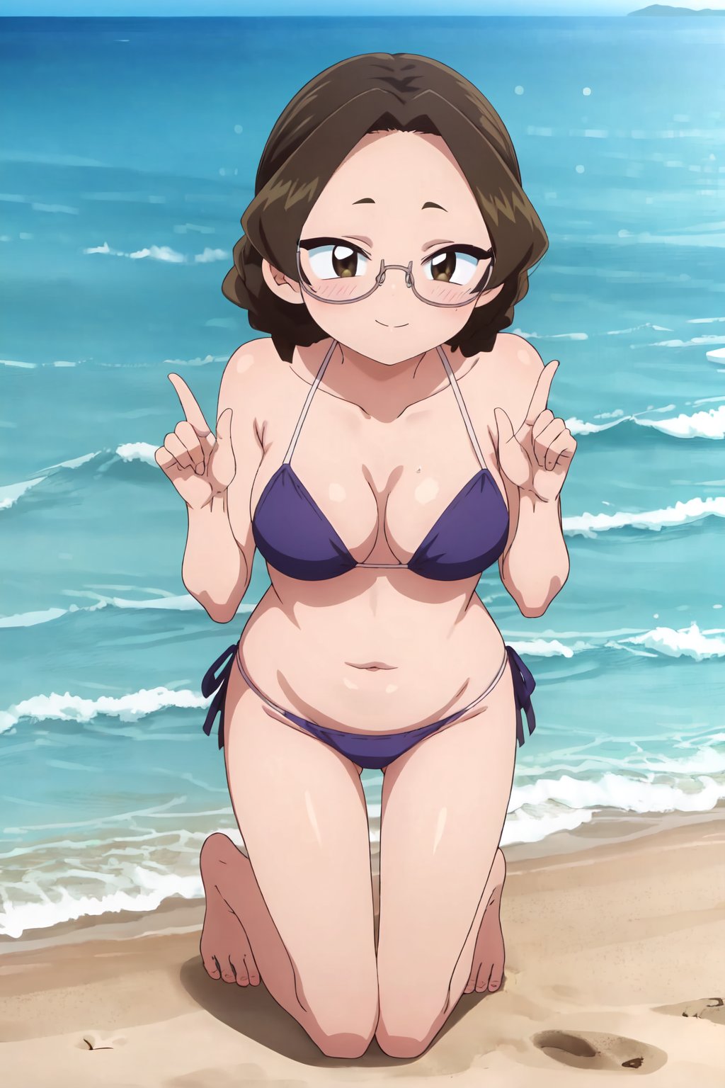 Mikuni Katou, (8k, HD), 1 girl, alone, looking at viewer, blushing, embarrassed, smiling, brown eyes, glasses, loose hair, beach, bikini, full body<lora:EMS-468290-EMS:0.800000>