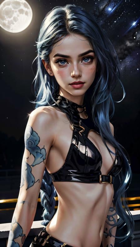 (best quality, masterpiece, colorful, dynamic angle, highest detailed)(Jinx, Legue of Legends, Arcane) upper body professional photo, award winning fashion photography of sexy, intense blue long hair, Jinx  <lora:JinxLol:1>, Legue of Legends, Arcane, flirting, bokeh, (intricate details, hyperdetailed:1.15), detailed, moonlight passing through hair, perfect night (fantasy background, extreme detailed, highest detailed, natural skin texture, hyperrealism, soft light, sharp, perfect face), HDR+