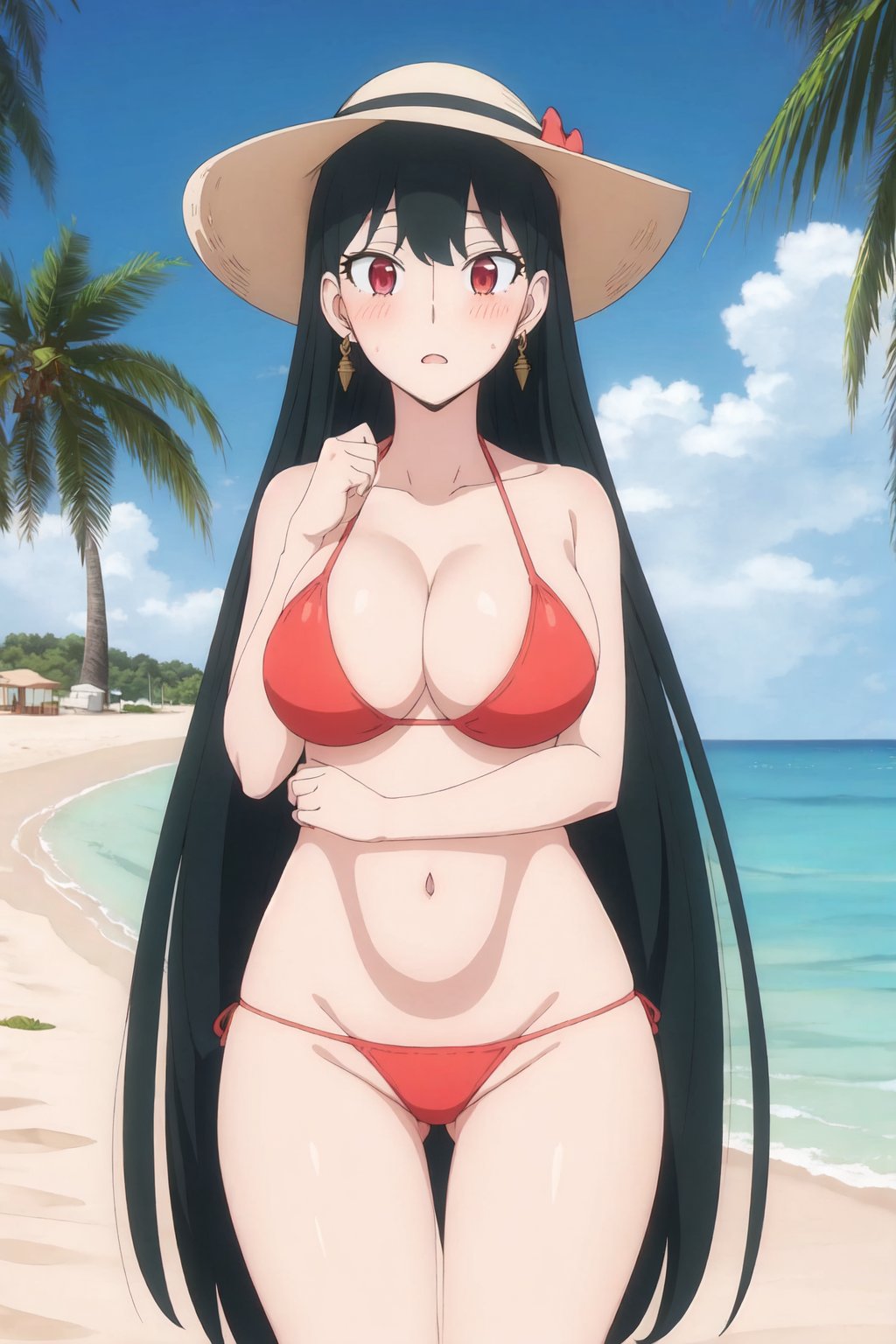 yorforger, 4k, absurd, high resolution, very high resolution, high definition, masterpiece, red eyes, embarrased, blushing, (bikini: 1.2), beach<lora:EMS-352455-EMS:1.000000>