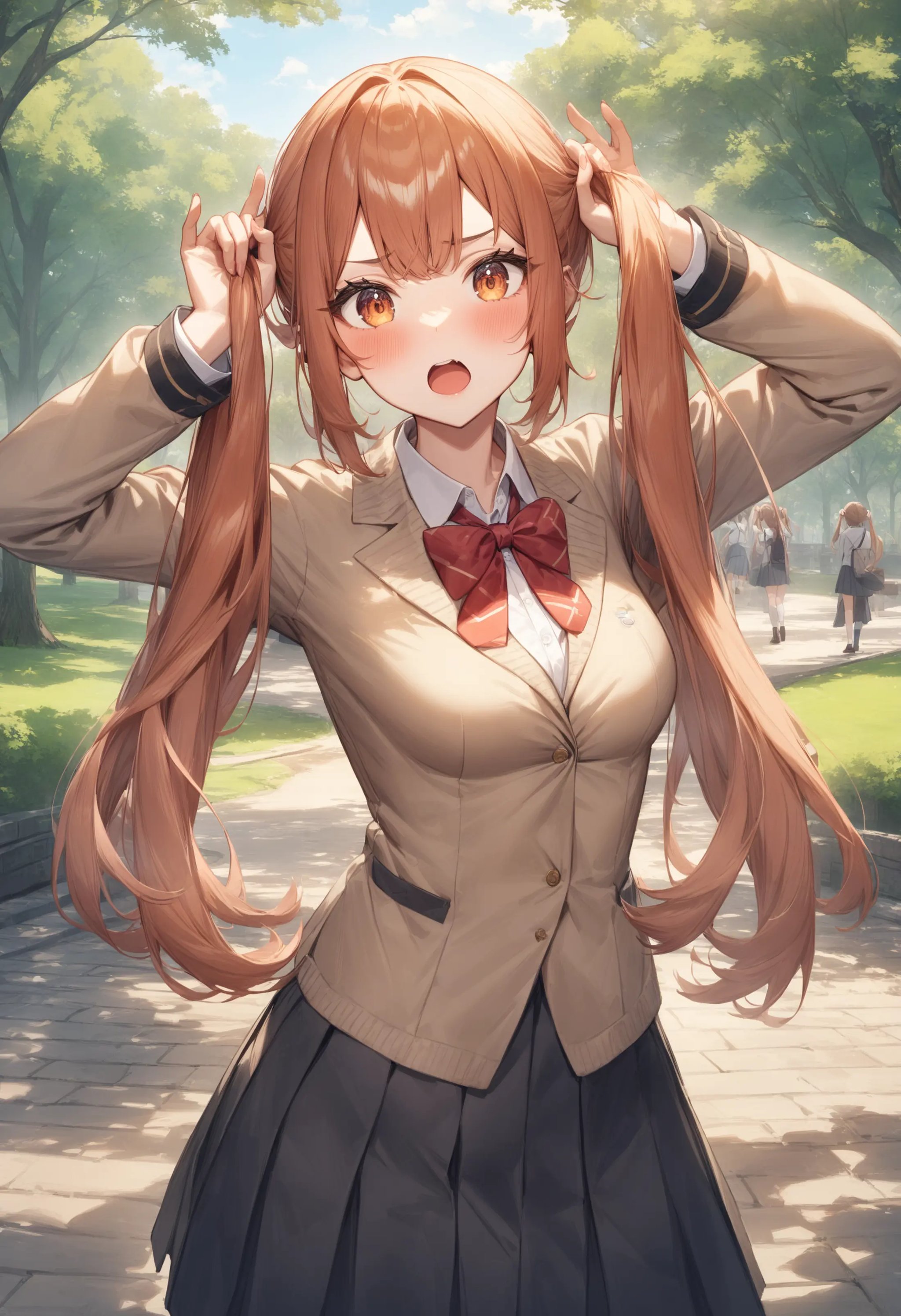 1girl, <lora:sdxl2-flat2-512b:-1>,medium breasts,school uniform,bunching hair,<lora:bunchinghair_XL_v1:0.8>from behind, cinematic angle, looking at viewer, serious, centralpark, open mouth,masterpiece, best quality, very aesthetic, absurdres