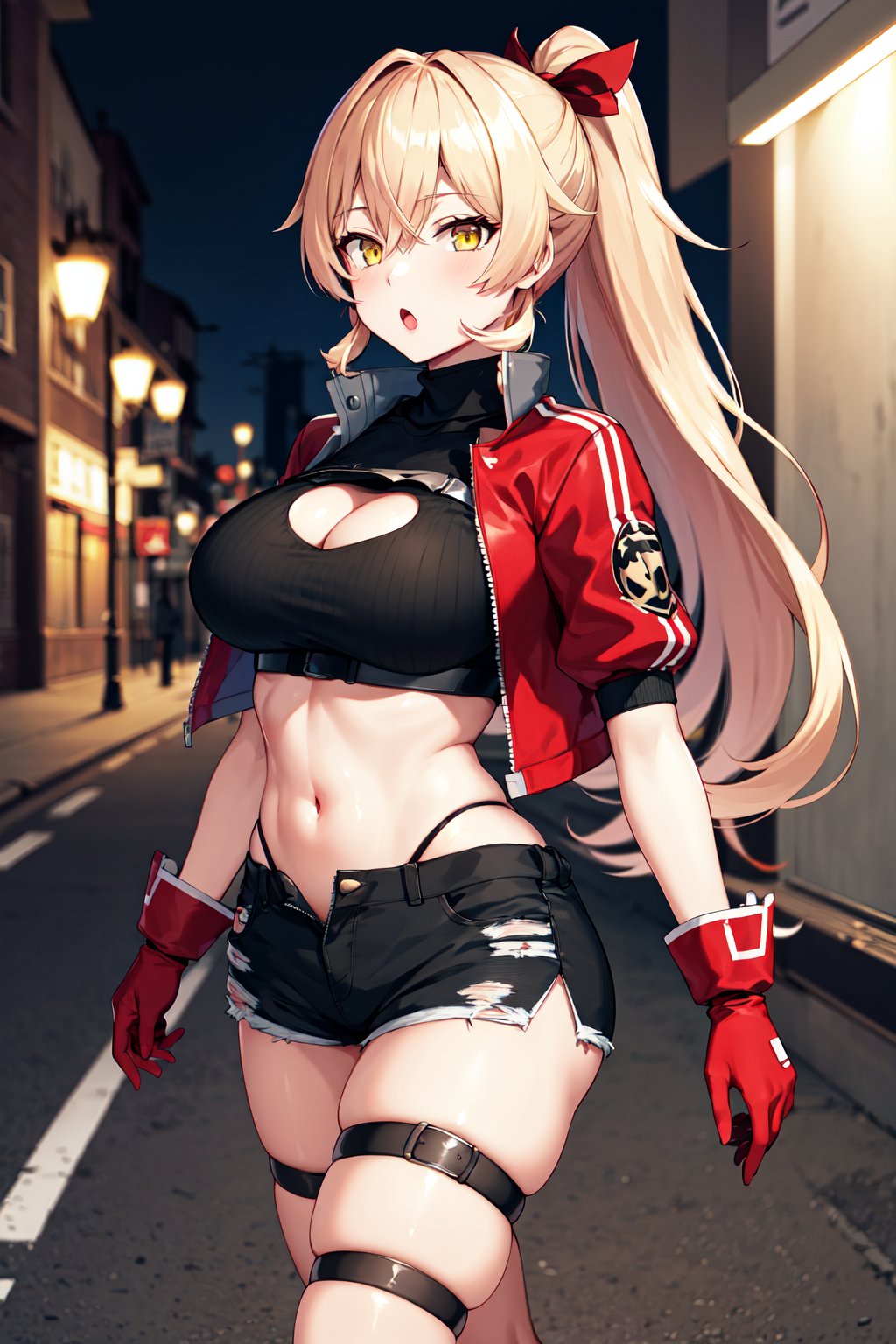 masterpiece, best quality, highres, ccnui, very long hair, blonde hair, ponytail, hair ribbon, hair between eyes, yellow eyes, turtleneck, cleavage cutout, crop top, black shirt, cropped jacket, open jacket, short sleeves, red gloves, black shorts, thigh strap, <lora:nui_sociere_v1:0.7>, :o, walking, cowboy shot, street, night