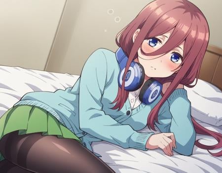 score_9, score_8_up, score_7_up, source_anime,mikunakano, <lora:miku-nakano-s1-ponyxl-lora-nochekaiser:1>, miku nakano, long hair, bangs, blue eyes, brown hair, shirt, hair between eyes, headphones, headphones around neck,skirt, shirt, long sleeves, white shirt, pantyhose, pleated skirt, black pantyhose, cardigan, green skirt, blue cardigan,indoors, bed, bed room, on side, blush, drunk,looking at viewer, cowboy shot, dutch angle, solo,