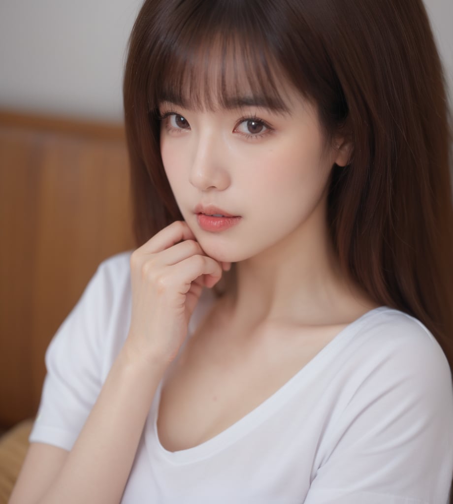 1girl,realistic,solo,breasts,brown hair,looking at viewer,large breasts,short sleeves,shirt, <lora:纯欲私房写真摄影:0.8>