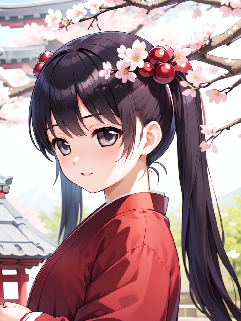 <lora:Tsutsumi_Kinuka:0.8>, TsutsumiKinuka, 1girl, solo, hair ornament, hair bobbles,long hair, bangs,  twintails, black hair, black eyes, hair ornament, japanese white clothes, miko, red hakama, shrine, cherry blossom,masterpiece, high quality, very_high_resolution, large_filesize, full color,