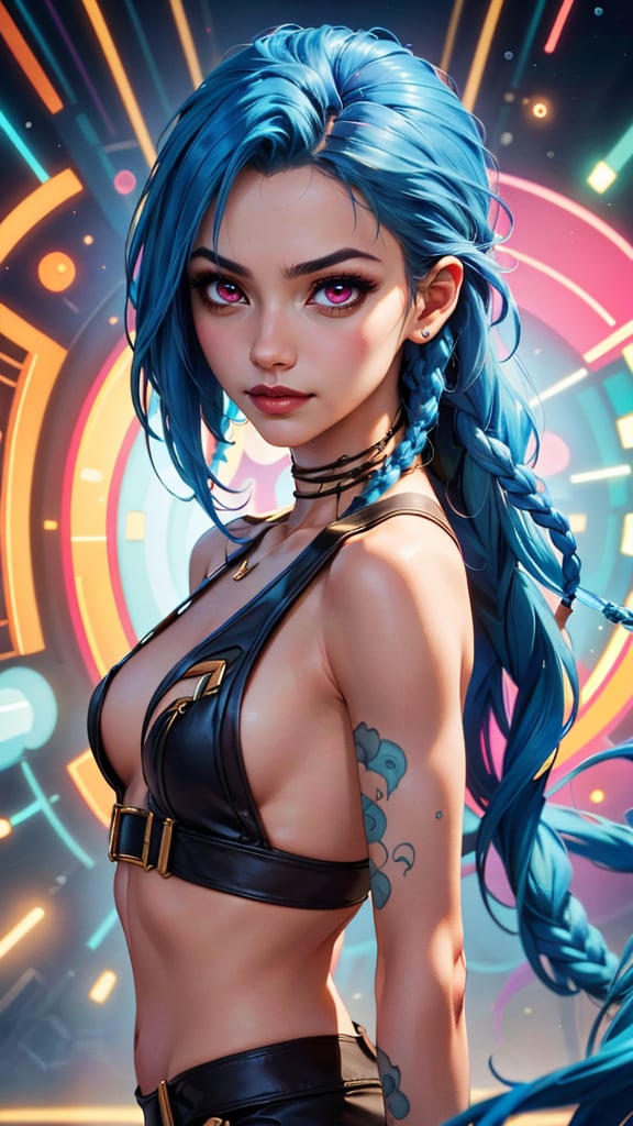 (best quality, masterpiece, colorful, dynamic angle, highest detailed)(Jinx, Legue of Legends, Arcane) upper body professional photo, award winning fashion photography of sexy, intense blue long hair, Jinx <lora:JinxLol:1>, Legue of Legends, Arcane, flirting, bokeh, (intricate details, hyperdetailed:1.15), detailed, sunlight passing through hair (official art, colorful art background, extreme detailed, hyperrealism, soft light, sharp, perfect face),