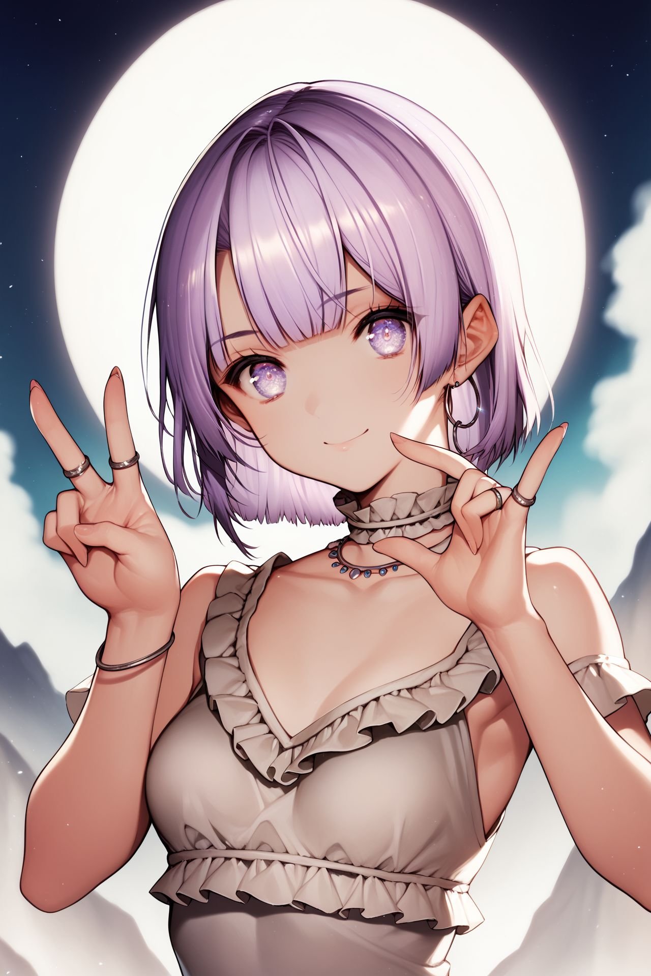 score_9, score_8_up, score_7_up, 1girl, looking at viewer, fox shadow puppet, seductive smile, light purple hair, fringed bangs, single hair ring, detailed eyes, small breasts, bronze clothes, frontlighting, outdoors, vanishing point <lora:necomi_PonyXL_style_v02:1>