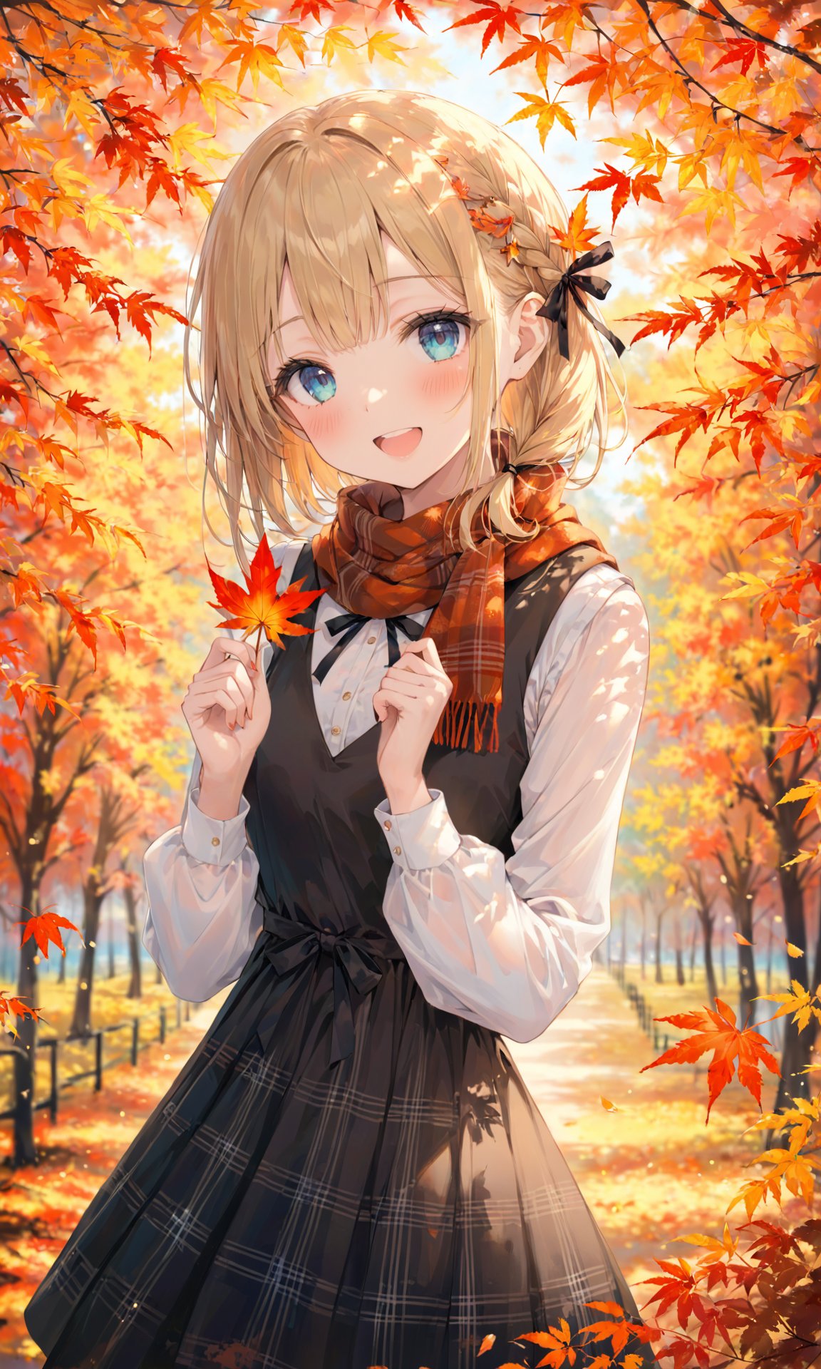 (masterpiece),(best quality),1girl,solo,maple leaf,autumn leaves,holding,smile,leaf,holding leaf,hair ribbon,looking at viewer,blurry,open mouth,bangs,shirt,ribbon,braid,white shirt,dress,hair ornament,depth of field,long sleeves,:d,blurry background,outdoors,plaid,blonde hair,sleeveless dress,autumn,blush,blurry foreground,shawl,black dress,scarf,upper teeth only,black ribbon,sleeveless,blue eyes,upper body,teeth,aqua eyes,head tilt,<lora:FG-000020:1>,