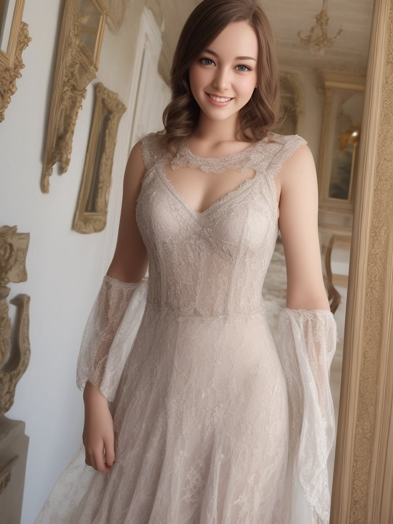 (masterpiece), (best quality), (extremely detailed), (1girl), solo, (pretty cute girl), looking at viewer, smile, slender, evenly sized eyes, extremely detailed eyes, white dress, tiara, cowboy shot, medieval classical room, indoors, extremely detailed wallpaper, (completely detailed features), 16k<lora:EMS-460859-EMS:0.900000>