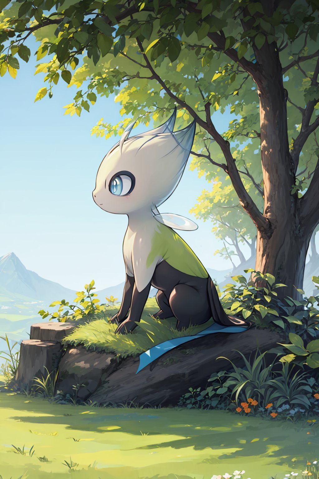 masterpiece,best quality, highly detailed, celebi,no humans, pokemon (creature), white pupils, closed mouth, from side, outdoors, dated, looking up, sitting,<lora:celebi:1>