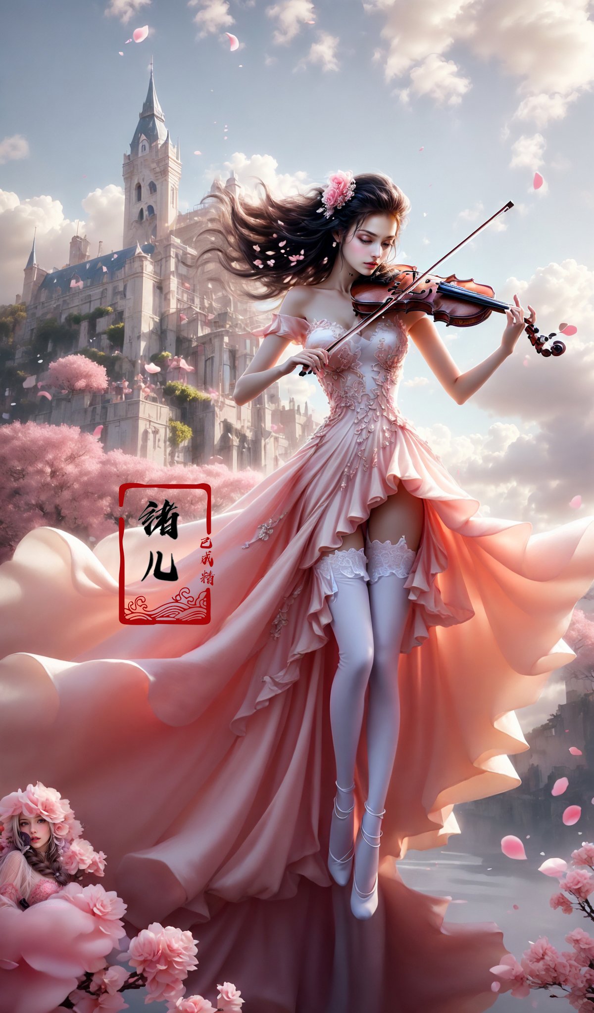 (A girl in a dress is in the air:1.3), playing a violin, (wide shot, wide-angle lens,Panoramic:1.2),super vista, super wide Angle，Low Angle shooting, super wide lens,violin，bare shoulders，petals，(pink dress:1.2)，from below，blurry foreground，(full body:1.5), (white  silk stockings:1.3)，<lora:绪儿-小提琴 violin:0.8>