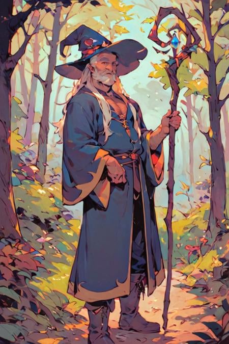 score_9, score_8_up, score_7_up, wizard, old, 1boy, old man, male focus, hat, beard, solo, staff, witch hat, facial hair, forest, nature, robe, long hair, looking at viewer, tree, holding, white hair, outdoors, holding staff, boots <lora:Rainbow Style SDXL_LoRA_Pony Diffusion V6 XL:1>