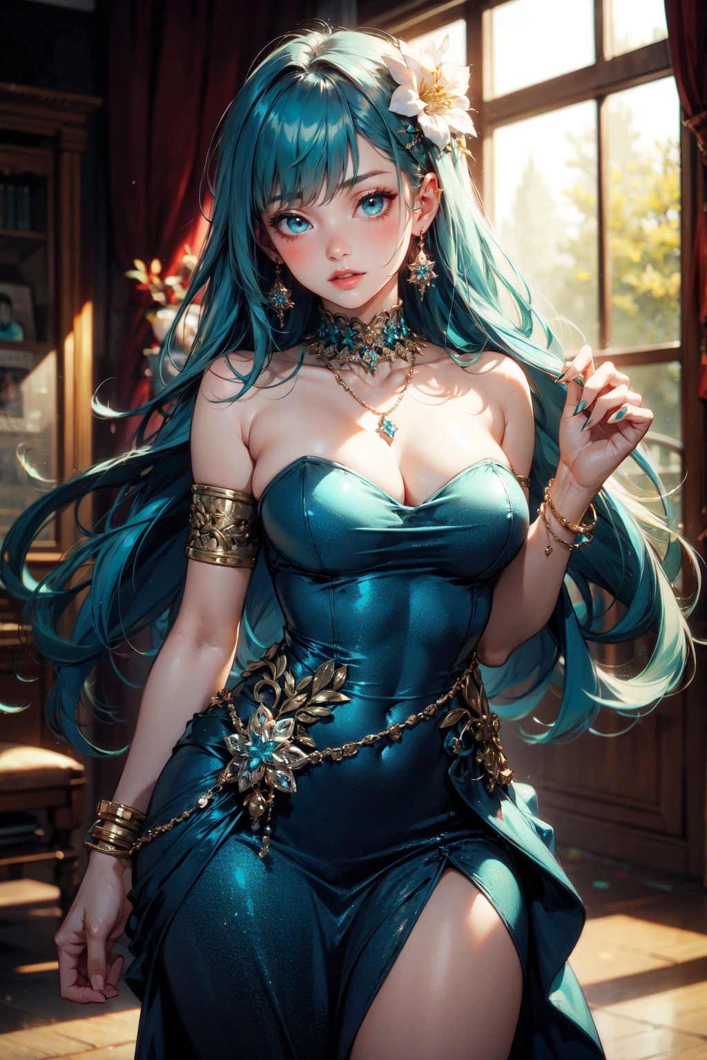 1girl, solo, long hair, breasts, looking at viewer, blush, bangs, blue eyes, large breasts, hair ornament, dress, cleavage, bare shoulders, jewelry, medium breasts, very long hair, blue hair, standing, flower, cowboy shot, earrings, day, hair flower, necklace, bracelet, strapless, aqua hair, blurry background, blue dress, sunlight, gem, strapless dress, armlet, long fingernails, blue gemstone