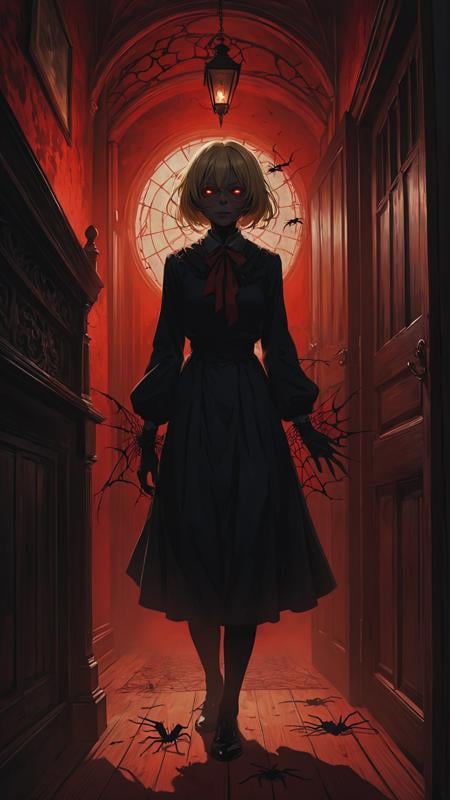 Nightmare theme, Anime style, a living silhouette of a shadow black fog old woman trying to scare a girl from the darkness, red school uniform, blonde, black diary, old victorian house interior, noir, dust and cobwebs, intricate, (mystic:1.4), horror, anime, masterpiece, flat colors, 2d, bold lines, art, best quality, full body, (fractal art:0.4), depth of field detailed background, sharp focus, hyper detailed, 16k, <lora:add-detail-xl:1>