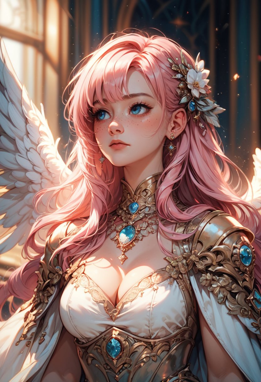 score_9,score_8_up,score_7_up, zPDXL, 1girl, solo, long hair, breasts, blush, bangs, blue eyes, hair ornament, dress, cleavage, jewelry, medium breasts, upper body, pink hair, earrings, wings, indoors, necklace, cape, armor, eyelashes, blurry background, looking away, gem, feathered wings, light particles, freckles, angel wings, white wings, blue gemstone<lora:GN_v1.4:0.9>