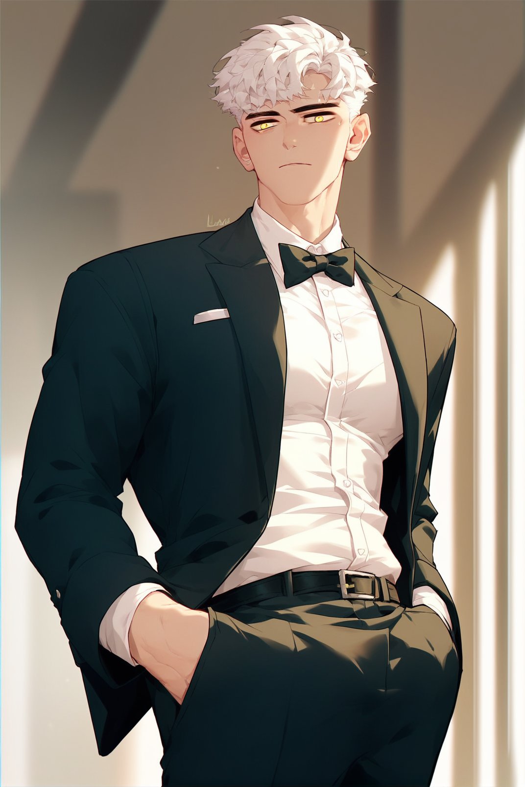 <lora:lymssAKB:0.8>,1boy,lymss,solo,short hair,white hair,yellow eyes,shirt,short hair,hands in pockets,suit,tuxedo,bara,, score_9,score_8_up,score_7_up,score_6_up,rating_explicit