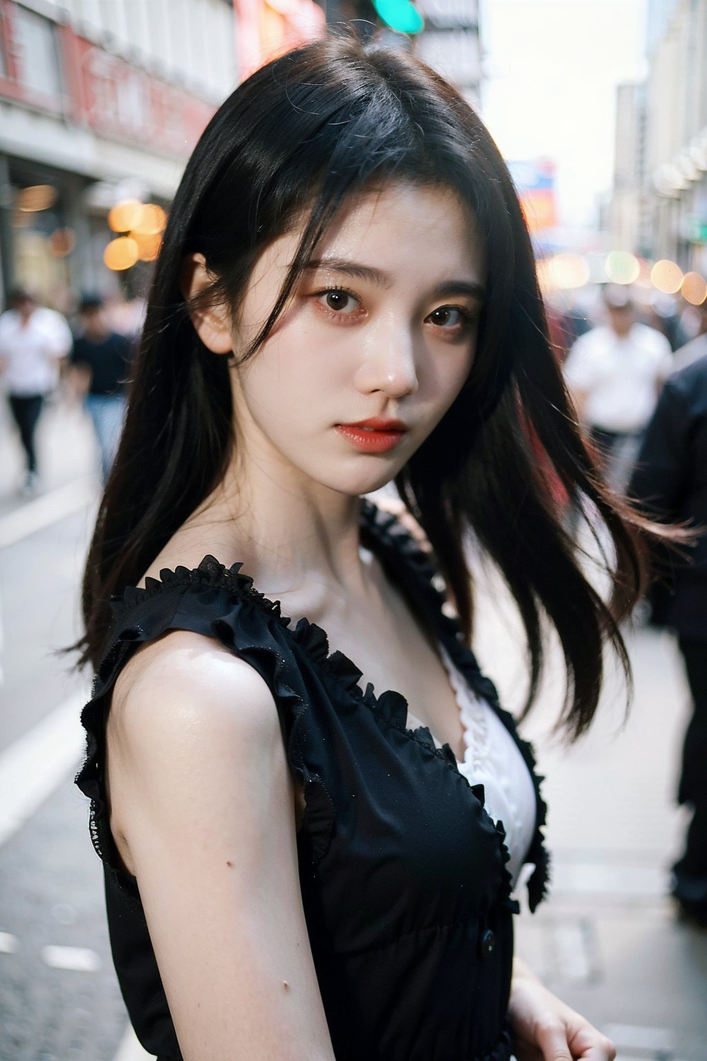 Best quality, masterpiece, ultra high res, (photorealistic), raw photo,1girl, skinny, upper body,solo, realistic, looking at viewer, bokeh background, city streets, mini dress,  <lora:makina69_jujingyi_v1.0:1>