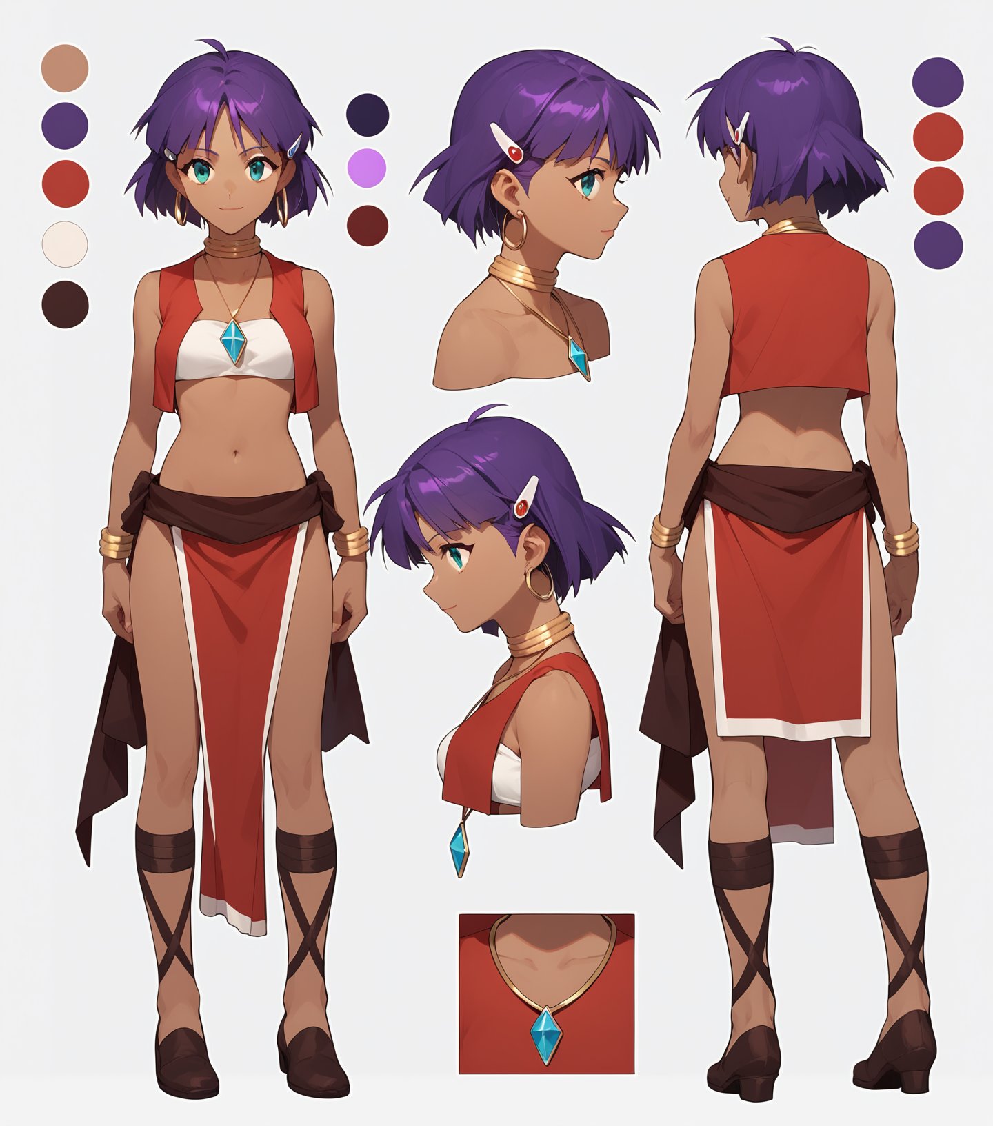 1girl,solo, nadia la arwall,purple hair,  dark-skinned female,red  loincloth,jewelry,bandeau,purple hair,hairclip,red  vest,necklace,reference sheet ,turnaround,  <lora:nadiaLoCon-step00000500:0.9>, source_anime, score_9, score_8_up, score_7_up, highly detailed, clear line