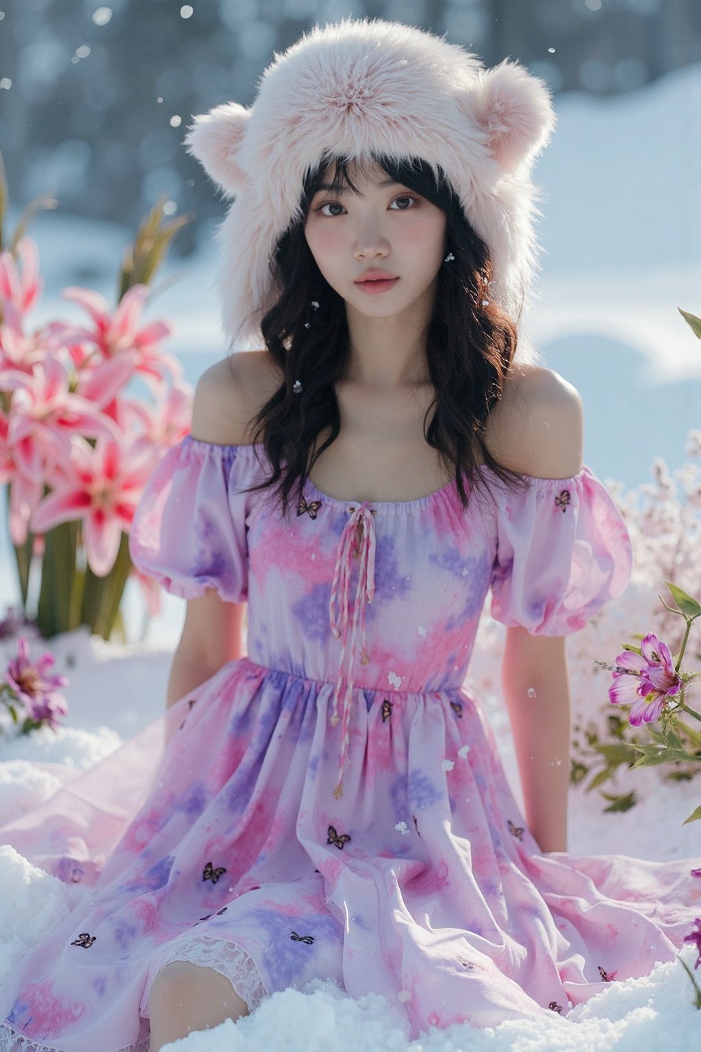 This image features a young woman seated in an ethereal and whimsical setting, blending nature with a wintery theme. She is wearing a delicate, off-shoulder dress with puffy short sleeves, designed in a soft pink and purple tie-dye pattern, adorned with small butterfly motifs scattered across the fabric. The dress accentuates her petite figure and lends a feminine, playful vibe to her appearance.Her head is topped with a light-colored, fluffy winter hat that adds an element of coziness and contrasts with her floral outfit. The hat, along with her soft, wavy dark hair, which has hints of lighter tones towards the ends, enhances the whimsical, dreamy quality of the scene.The background and surroundings create a winter-meets-spring atmosphere. She is sitting on what appears to be snow, with snowflakes lightly falling around her, yet she is surrounded by vibrant pink and white lilies and other floral arrangements that emerge from the snow. The juxtaposition of the flowers and the snowy landscape creates a surreal, magical environment..,<lora:flux_realism_lora:1>, . <lora:makinaflux_chaewon_v1.0:1>