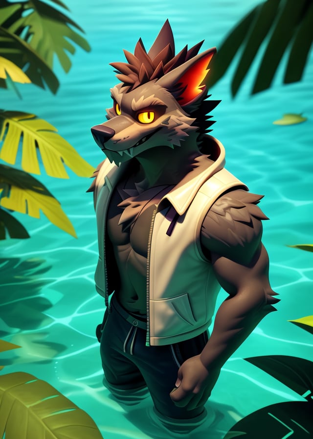 (by Yookie, by Anton Fadeev, by Tomer Hanuka), solo (dire \(fortnite\):1.25), grey body, glowing yellow eyes, white jacket, pants, (looking at viewer, three-quarter view, three-quarter portrait, high-angle view), BREAK, (swimming, seaside, plant, plam tree, leaf), detailed background, depth of field, ambient silhouette, masterpiece, best quality, ultra realistic, 4k, 2k, high detail, (3d \(artwork\):1.2), blender \(software\), (sharp focus:1.2), ray tracing, (unreal engine:1.2), absurd res