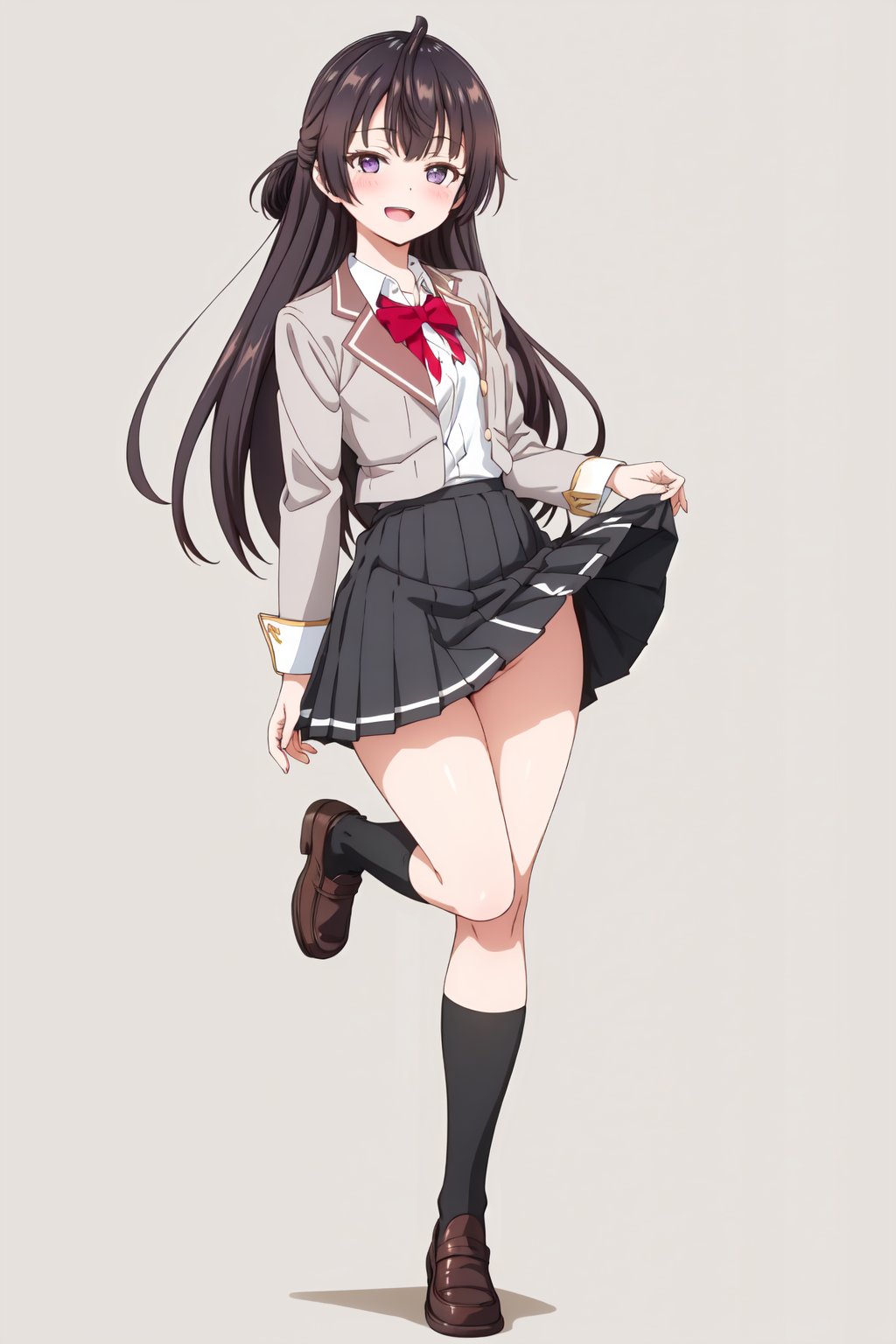 YukiSuou, 4k, absurd, high resolution, very high resolution, high definition, masterpiece, 1girl, solo, long hair, looking at viewer, blush, smile, open mouth, skirt, simple background, shirt, black hair, long sleeves, white background, bow, school uniform, standing, purple eyes, full body, white shirt, thighs, pleated skirt, shoes, socks, collared shirt, bowtie, black skirt, clothes lift, red bow, kneehighs, no panties, brown footwear, skirt lift, standing on one leg, lifted by self, black socks, loafers, red bowtie, half updo<lora:EMS-435737-EMS:0.800000>