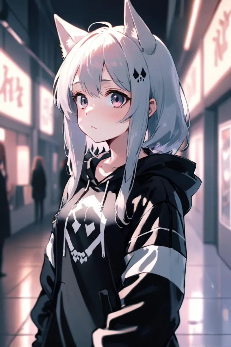 highres,best quality, the anime girl is looking at something, in the style of gothcore, light leaks, relatable personality, caninecore, photo-realistic techniques, shiny/glossy, everyday life