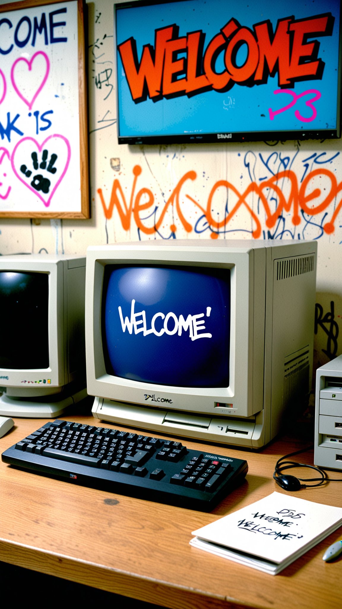 “Photo of a 90's desktop computer on a work desk. On the computer screen it says ‘welcome.’ On the wall in the background we see beautiful graffiti with the text ‘SD3’ very large on the wall.”