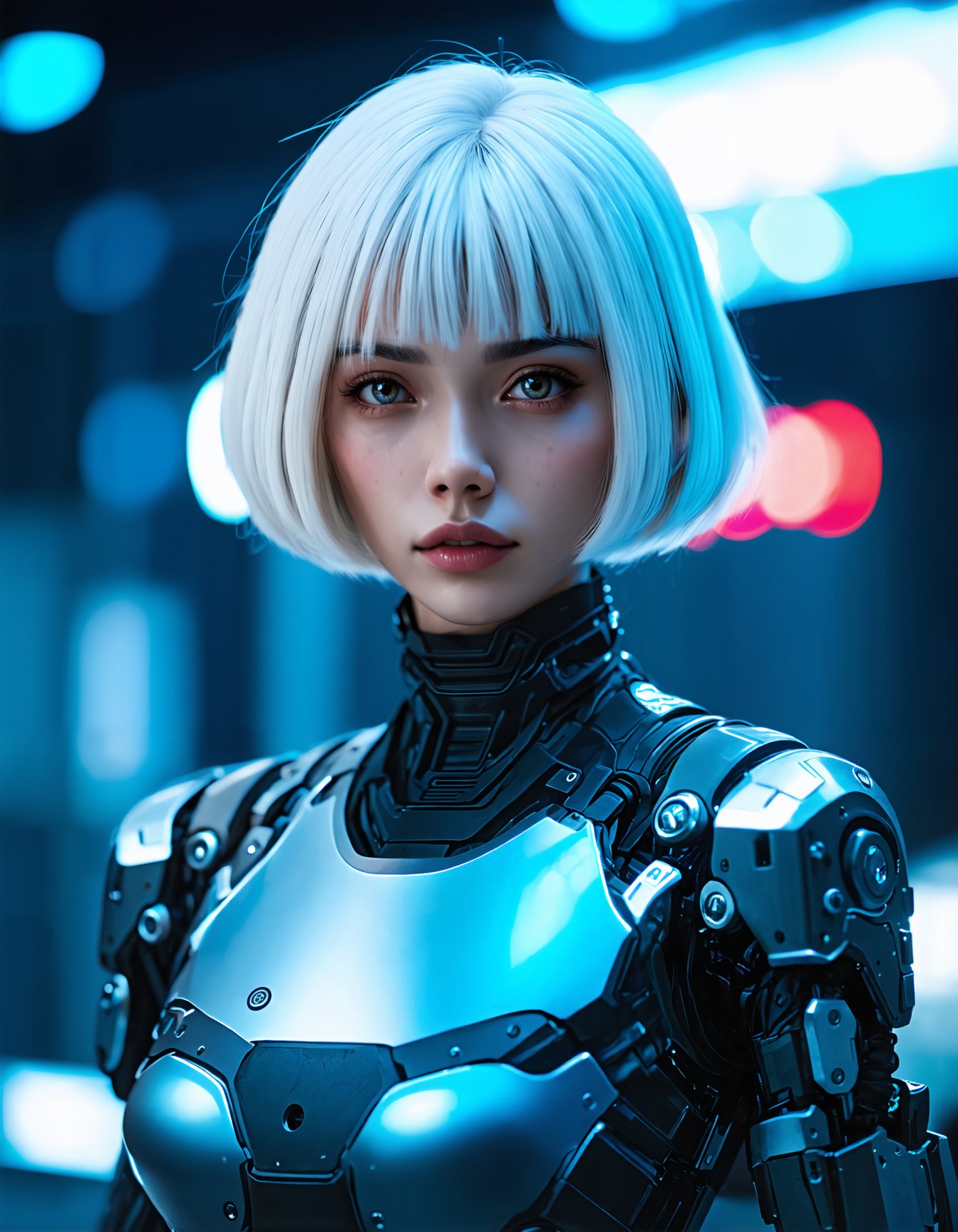 (best quality,8K,highres,masterpiece), ultra-detailed, woman, looking at viewer, short hair, upper body, white hair, blurry, lips, blurry background, science fiction, realistic, android, joints, very short hair, cyborg, robot joints, mechanical parts, cyberpunk, modern_style_boost_v1_slider_sd3m.safetensors