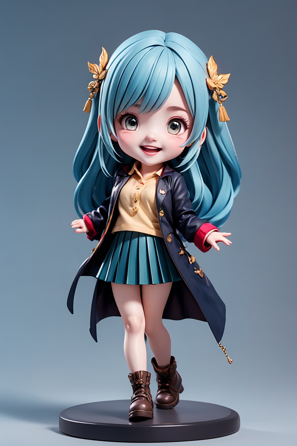 1girl, solo, chibi, footwear, skirt, blue hair, long hair, boots, open mouth, skirt, hair ornament, looking at viewer, smile, jacket, full body, pleated skirt, long sleeves, shirt, open clothes, shirt, white jacket, standing, coat, blush, standing on one leg,