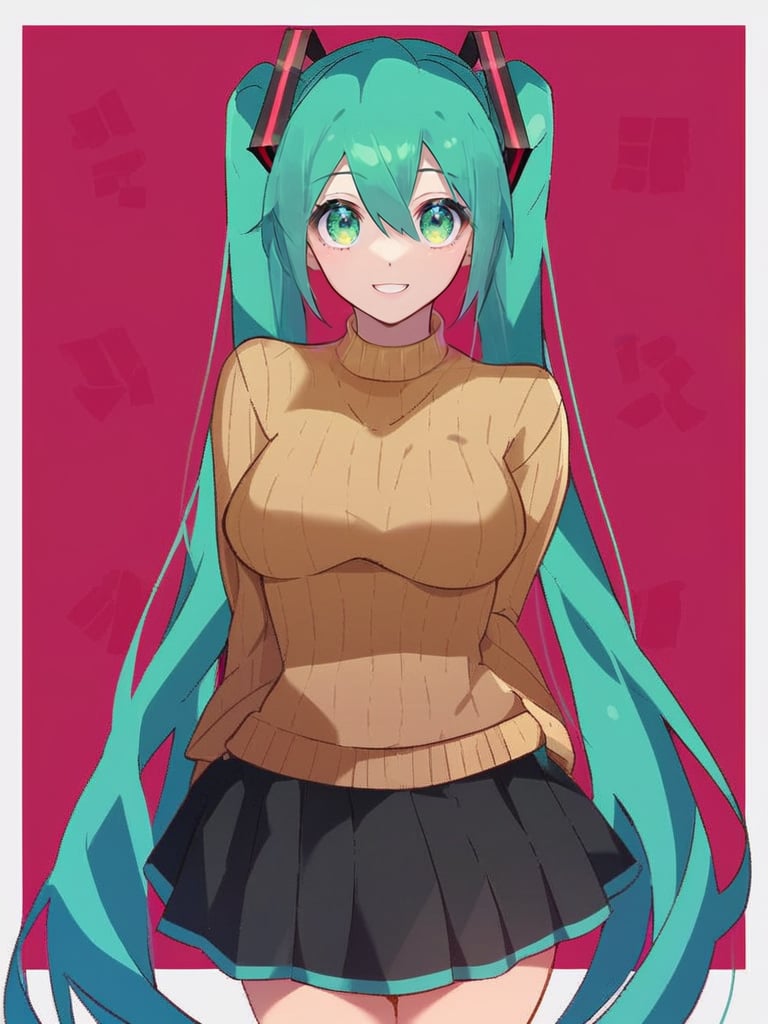 portrait, [:(score_4_up:0.25):0.65], [score_9_up:score_6_up:0.35], [:anime:0.4], portrait, detail face, large eyes, woman standing, ((hatsune miku)),    medium breasts, sweater, skirt, motherly, [:photorealism:0.5]