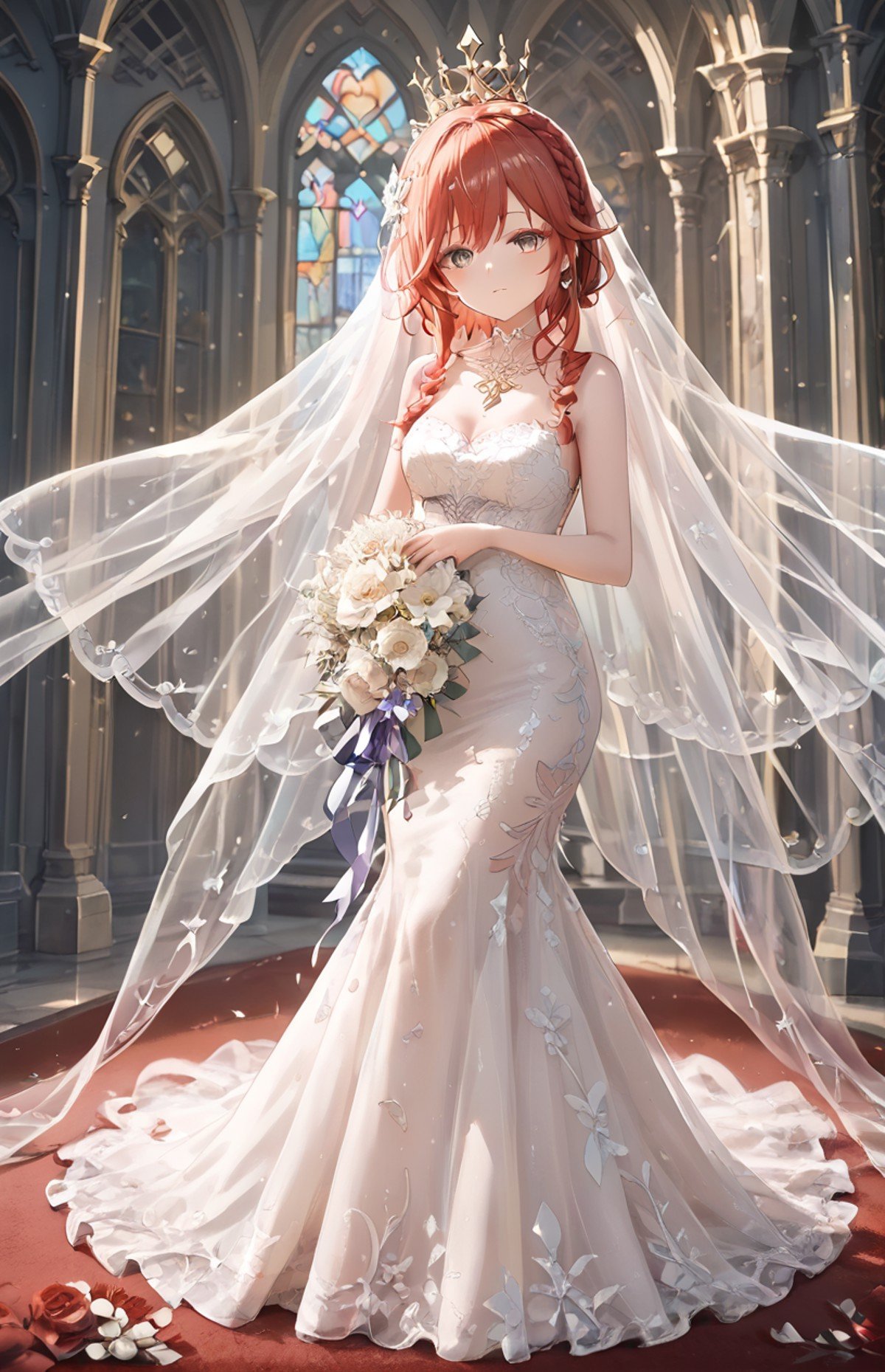 1girl, mermaid-line wedding dress, bridal veil, holding bridal bouquet, <lora:WD-XLPony_010:0.8>, HD, see-through, cathedral, red carpet, romantic, delicate design, genshin impact, crown braid, lace applique, score_9, score_8_up, score_7_up , source_anime, masterpiece, best quality, perfect anatomy , very aesthetic , absurdres