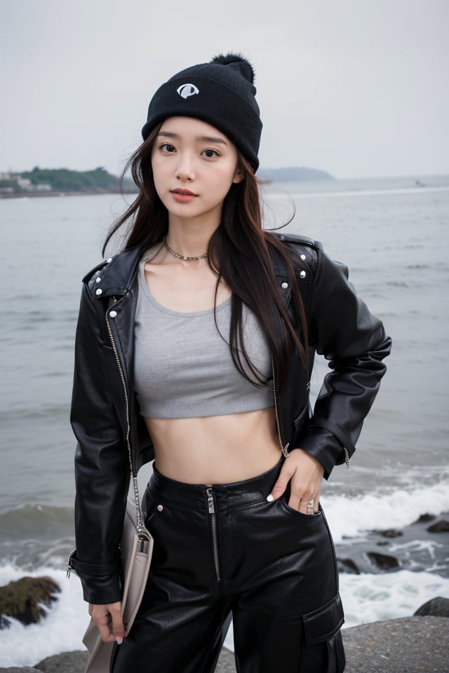 a young woman stands at the center, extending her arms wide against a vast, overcast seascape. She is positioned on a stony beach, where dark, smooth pebbles cover the ground. The ocean is calm with gentle waves lapping at the shore. Her attire is stylishly casual, with a street fashion vibe—she sports a fitted grey crop top and voluminous black cargo pants, paired with a studded black leather jacket that adds a touch of rebellious flair. A black beanie caps her long hair that falls partially across her face, and she holds a black designer tote bag in her outstretched hand. Her posture exudes a sense of freedom and joy, embodying a spontaneous moment captured against the moody backdrop of an overcast sky and the tranquil sea.