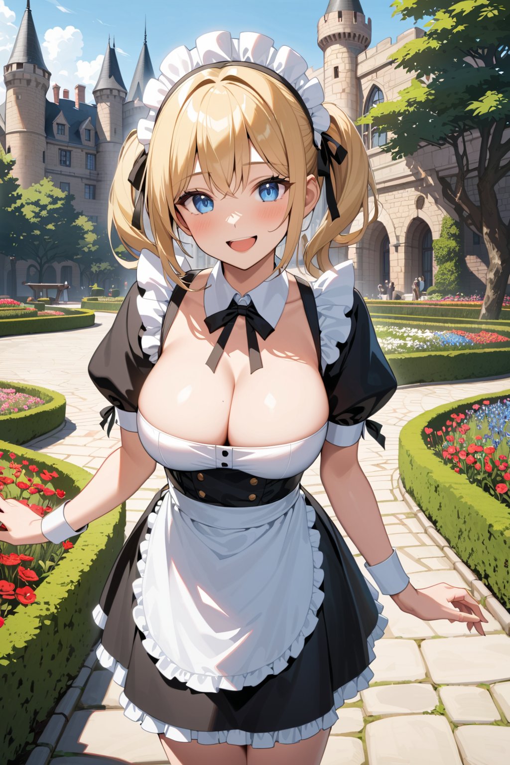 (best quality, absurdres, highres, ultra detailed,sharp forcus:1.4),from front view,snapshot,1girl,anime cute face, sexy body, large perky breasts, blonde short twintails hair,ice blue eyes, (tareme), kindly (shy smile),;D, (edwardian maid costume:1.1),(maid headdress),no holding,flower blooming castle garden scape, (photoreal background), outdoor