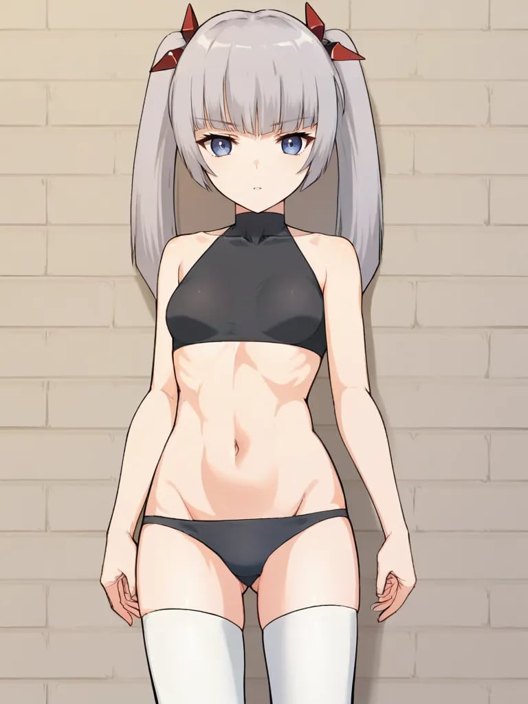 <lora:miamgbpony:1>,score_9, score_8_up, score_7_up, 1girl, solo, miamgb, grey hair, twintails, hair ornament, blue eyes, black underwear only, navel, small breasts, white thigh boots, standing, looking at viewer, wall, cowboy shot, serious, parted lips,