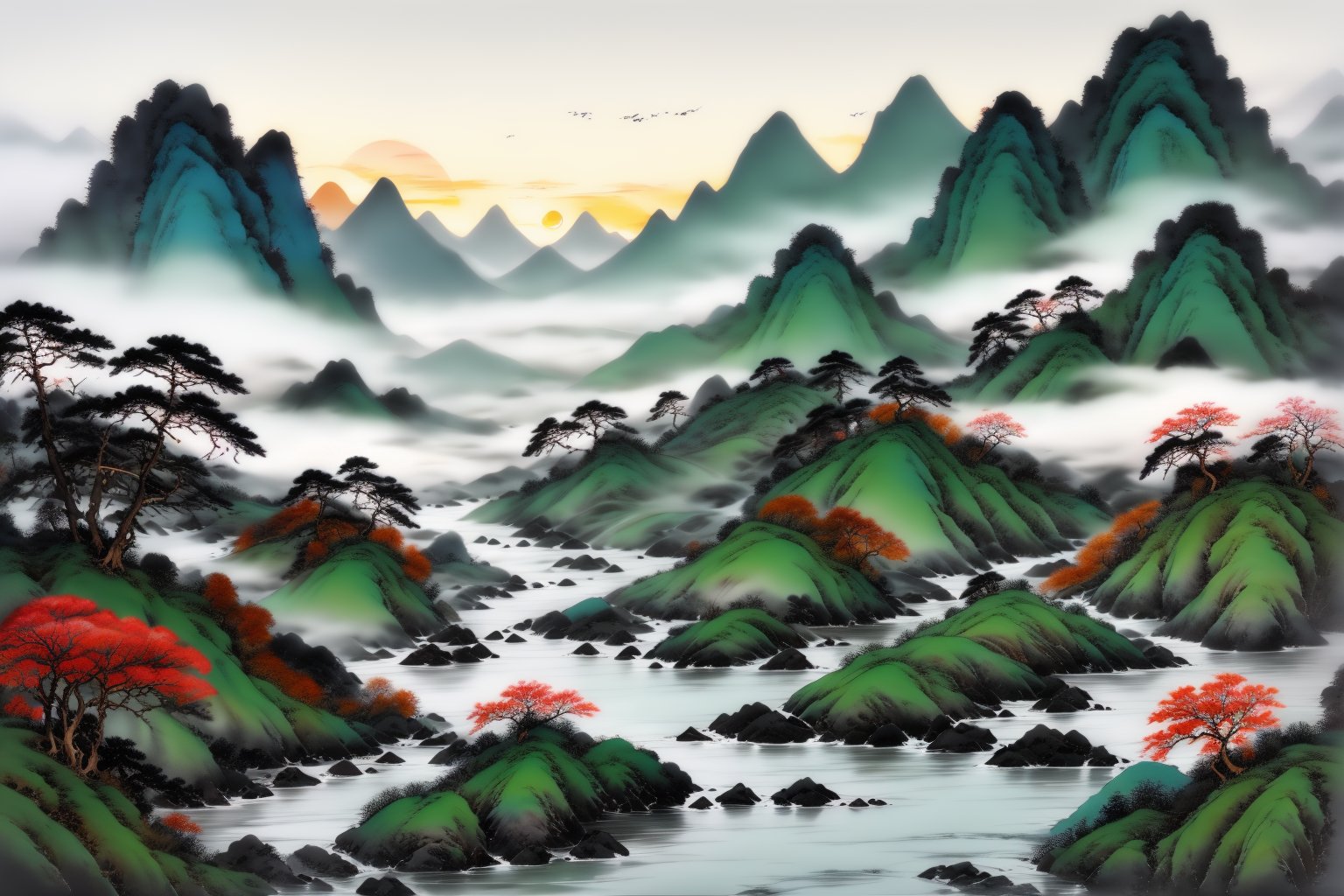 <lora:AgainChineseInkPainting:1>,AgainChineseInkPainting, mountain, no humans, outdoors, scenery, tree, fog, sky, chinese ink painting, cloud, nature, flower, mountainous horizon, water, landscape, grey sky, plant