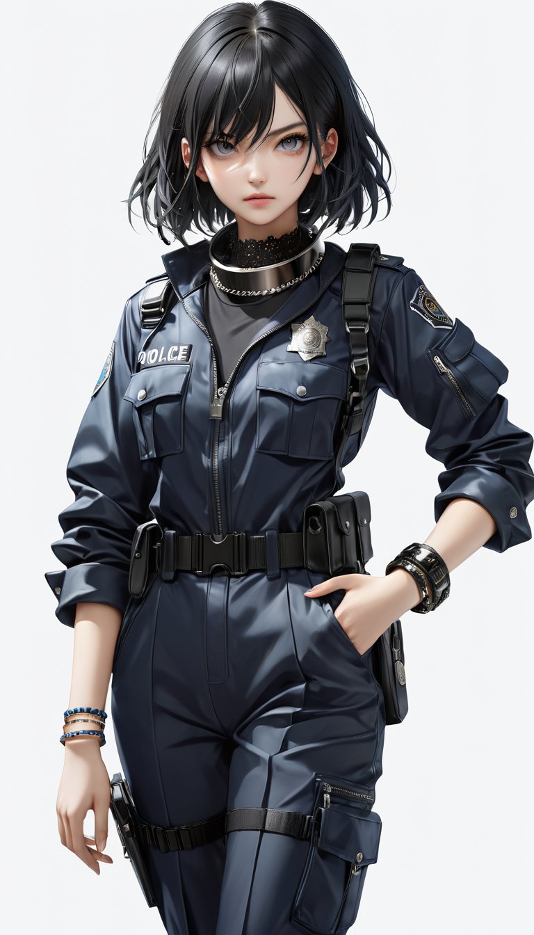 1 young cool girl, solo,look at the camera,wear police suit,extremely detailed CG unity 8k wallpaper,illustration,lens 135mm,masterpiece,(bracelet:1.3),(metal collar:1.3),white background,masterpiece,bestquality,masterpiece,best eyes,Standing, black quality,black_hair, masterpiece,best quality,dark persona,masterpiece,best quality,