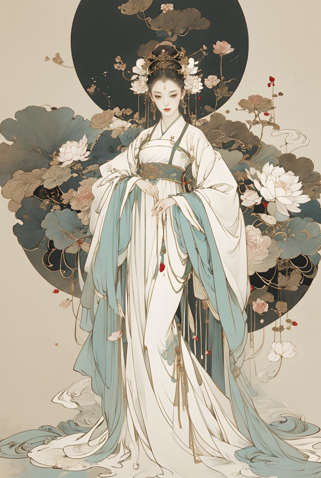 <lora:工笔风格 _ 流年_V1:0.35>,((4k,masterpiece,best quality)), shuimobysim, traditional chinese ink painting, lotus, hanfu, maxiskit, dress conservatively 1 girl, solo, white hair, long hair, fox ears, white, bikini, fish, many fish near girl, look at viewer, tease， <lora:国风雅韵工笔_v1.0:0.4> <lora:安妮ani~红色汉服美丽小姐姐！_1.0:0.2> <lora:新国风x工笔_V1:0.2> <lora:柔金指 Soft gold finger_1.0:0.2><lora:细节制造_V1:0.25>  <lora:青蓝色中国风_cyan_1.0:0.3> <lora:Mucha:0.2>