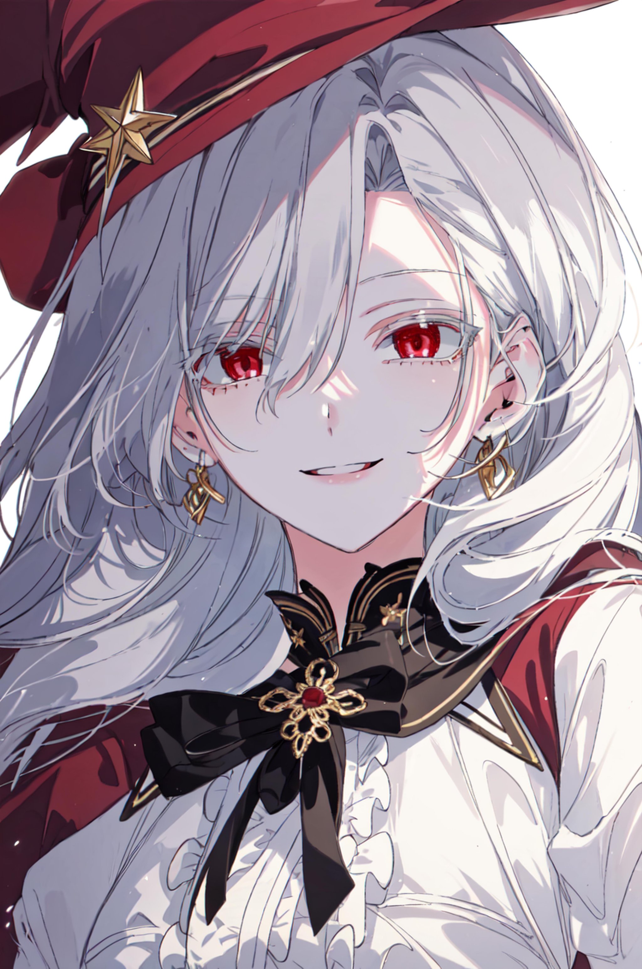 masterpiece, (best quality), 1girl , white hair, Raviel, red eyes, <lora:RavielIvansia:0.7>, close up, smile